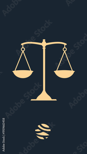 Minimalist flat vector illustration of golden balanced scales of justice symbol on dark blue background for law and legal concepts