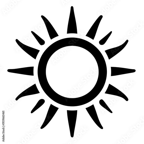 Minimalist black and white sun icon with stylized pointed rays in flat vector design symbolizing energy and brightness concept illustration