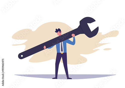 Businessman carrying oversized wrench symbolizing problem solving and fixing issues in business or crisis management concept flat vector illustration