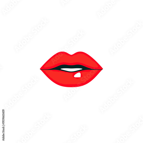 Close up of sensual red lips biting lower lip isolated on white background with glossy shine and minimal flat vector style illustration for beauty or fashion concept
