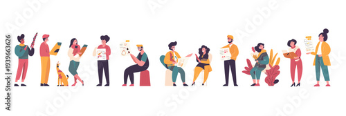 Diverse group of people reading and analyzing documents in casual clothing standing and sitting on bench with pets and plants flat vector illustration