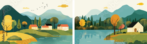 Minimalist vector rural landscape with houses near calm lake surrounded by autumn trees and layered green mountains under soft sky with birds and clouds