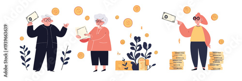 Senior people planning retirement savings and investing money in pension funds with financial documents stack and coins flat vector illustration set