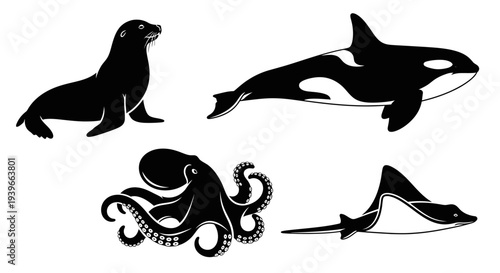 Marine Animals Silhouettes Set: Sea Lion, Orca, Octopus, and Stingray Icons
