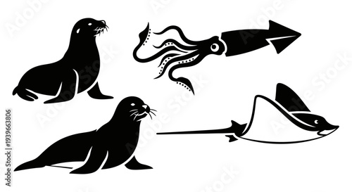 Marine Animals Silhouettes Set: Seal, Squid, and Stingray Vector Illustrations