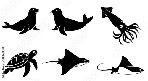 Marine Animals Silhouettes Set: Seals, Squid, Sea Turtle, and Stingrays Icons