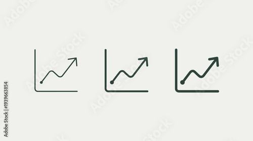 Green Line Graph Icons Showing Growth Trend on White Background, Isolated, Simple Design