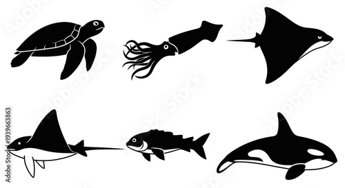 Marine Animals Silhouettes Set: Turtle, Squid, Rays, Fish, and Orca Icons