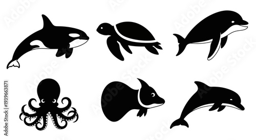 Marine Animals Silhouettes Set. Ocean Creatures Black Vector Icons: Orca, Dolphin, Turtle, Octopus