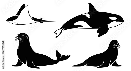 Marine Life Silhouettes Set with Orca, Manta Ray, and Seals