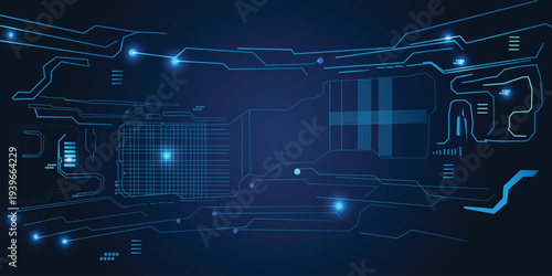 Futuristic Blue Digital Technology Interface Background with Glowing Circuit Lines and HUD Elements, Abstract Cyber Data Network and Tech Design Template