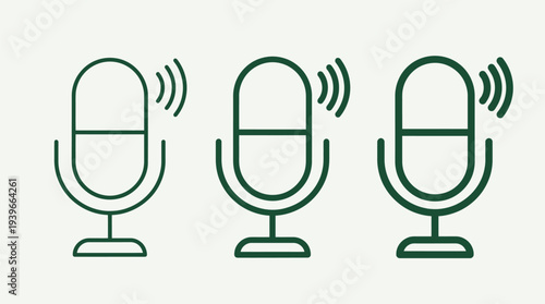 Microphone Icon Set with Sound Waves on White Background
