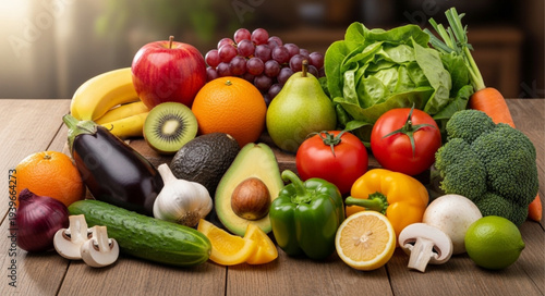 Assortment of Fresh Vegetables and Fruits on Wooden Surface.