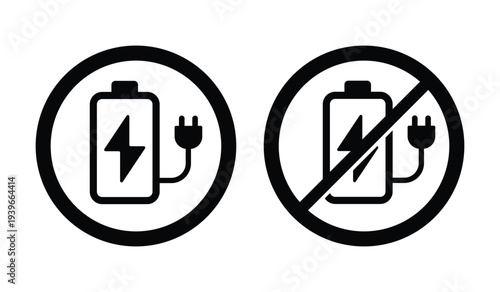 Battery Charging Allowed and No Charging Icons with Plug – Black Line Charging Permission and Prohibited Charging Symbols for Electrical Safety, Battery Power Status and Energy Indicators