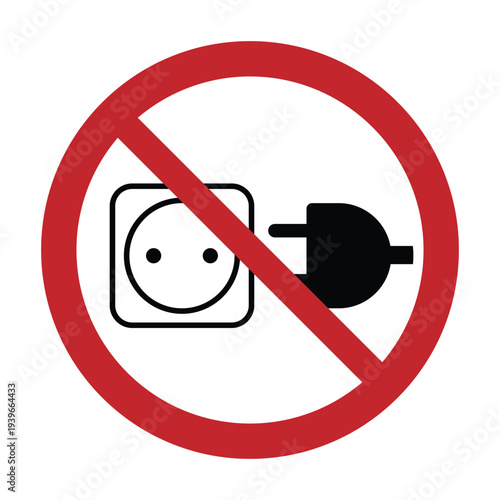 No Charging Prohibition Sign – Do Not Plug Charger into Power Outlet Symbol for Electrical Safety, Battery Charging Restriction and Electricity Warning Sign