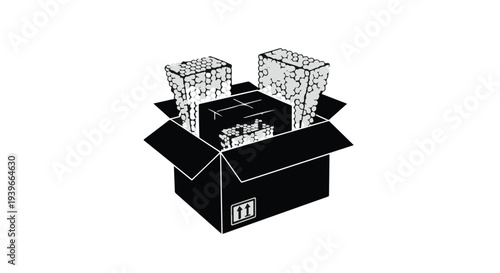 Open shipping box with blocks and ideas