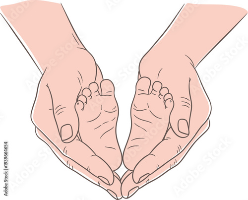 Tiny infant feet cradled in adult palms illustration showing warmth and parental affection on transparent background art
