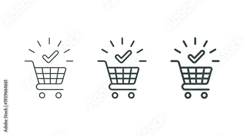 Shopping Cart Icons with Checkmark on White Background, Line Art Style