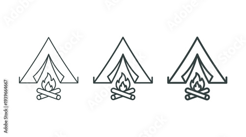 Camping Tent with Campfire Icon Set, Isolated on White, Simple Line Art