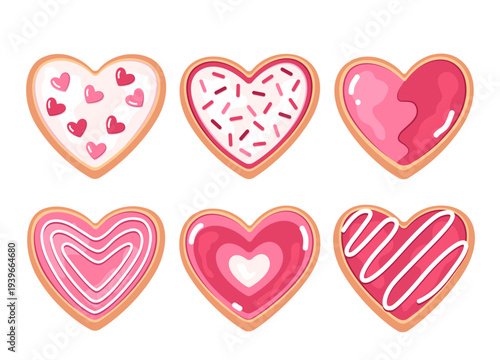 Heart-shaped cookies, biscuits with different decor