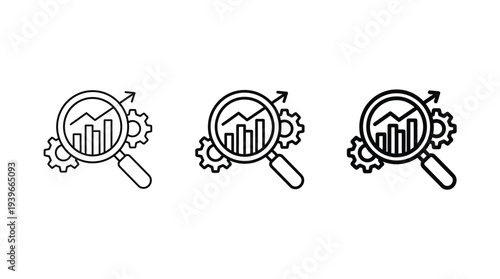 Magnifying Glass with Graph Icons, Analysis and Data Visualization, Black and White Line Art