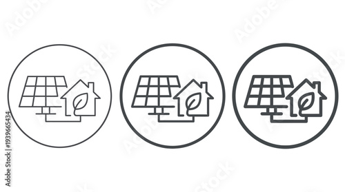 Renewable Energy House Icons with Solar Panels and Leaves