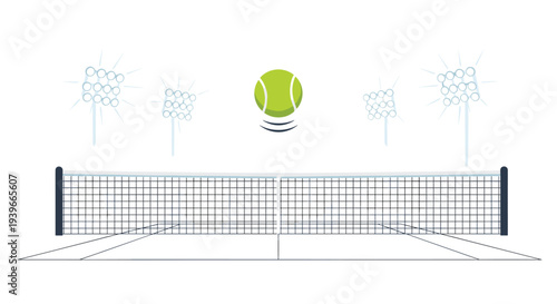 A minimalist illustration displays a white tennis court with a net, a single tennis ball bouncing above, and four arrays of stadium lights.