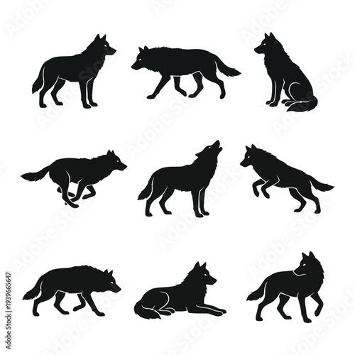 Wolf Silhouette Vector Collection - Nine Diverse Poses of Wild Wolves