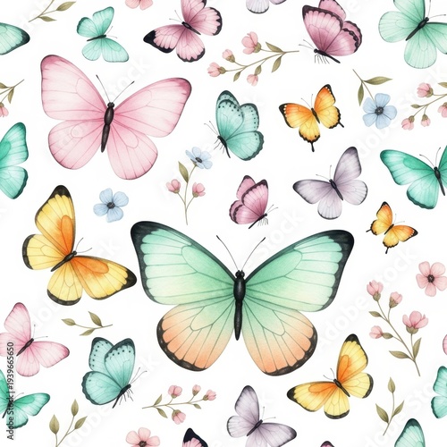 Whimsical Butterfly Watercolor: A captivating pattern featuring delicate butterflies dancing amidst charming floral accents, all rendered in exquisite watercolor.