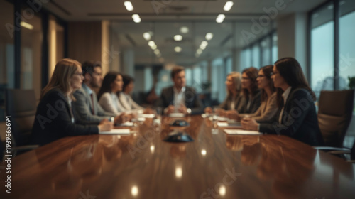 Corporate Teamwork Discussion in Office Boardroom with Soft Focus Blur
