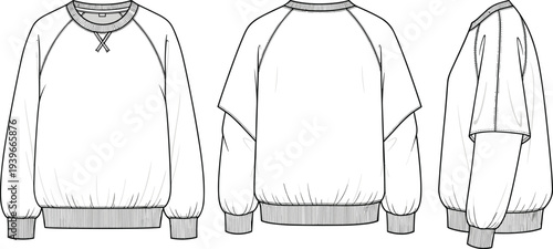 Oversized Raglan Sleeve Sweatshirt Fashion Flat Sketch, Technical CAD Drawing, Vector Illustration of Front, Back, and Side View for Apparel Template