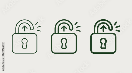 Unlocking Padlock Icons with Green Outline and Keyhole, Security Symbols, Isolated on White Background