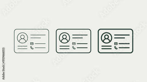 ID Card Icon Set with Profile Photos and Keys, Simple Line Art Style