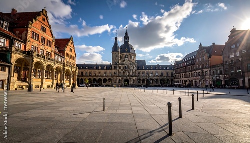 Large open city square with buildings, blue sky and scattered clouds