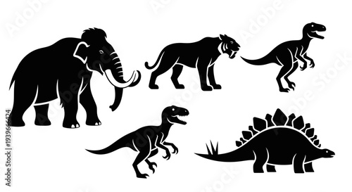 Prehistoric Animals Silhouettes Set: Dinosaurs, Woolly Mammoth, and Saber-tooth Tiger