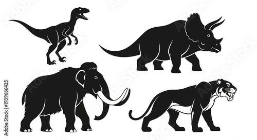 Prehistoric Animals Silhouettes Set: Dinosaurs, Mammoth, Saber-toothed Tiger