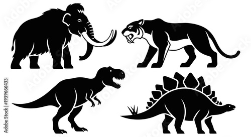 Prehistoric Animals Silhouettes Set: Mammoth, Saber-toothed Tiger, T-Rex, and Stegosaurus Icons
