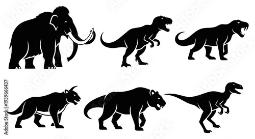 Prehistoric Animals Silhouettes Set: Mammoth, Dinosaurs, and Saber-toothed Tiger
