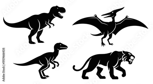 Prehistoric Animals Silhouettes Set: T-Rex, Pterodactyl, Velociraptor, and Saber-toothed Tiger