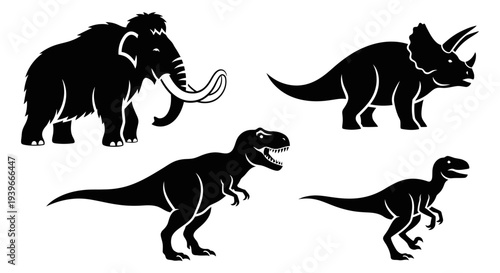 Prehistoric Animals Silhouettes Set: Mammoth, Triceratops, T-Rex, and Velociraptor Icons
