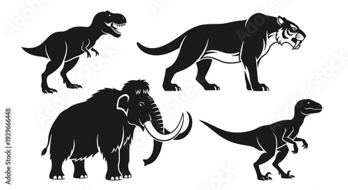 Prehistoric Animals Silhouettes Set: Tyrannosaurus Rex, Saber-toothed Tiger, Mammoth, and Velociraptor