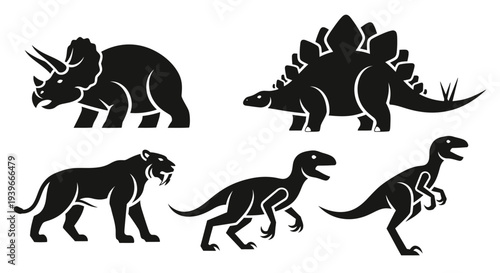 Prehistoric Dinosaurs and Ancient Animals Silhouettes Vector Set