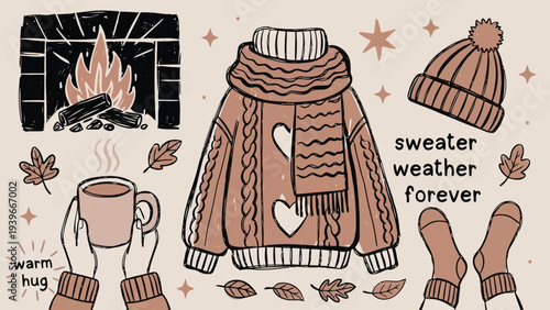 Autumn and winter cozy comfort elements doodle with fireplace and hot beverage