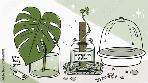 Plant propagation station with cuttings in jars and moss pole for new growth
