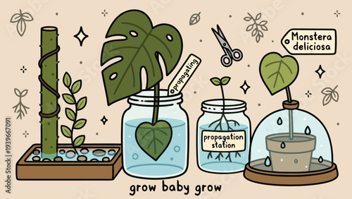 Plant propagation station with cuttings in jars and moss pole for new growth