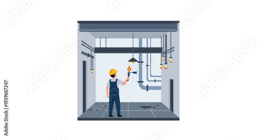 A male worker in a hard hat and overalls stands in a utility room, using a torch on a network of pipes.