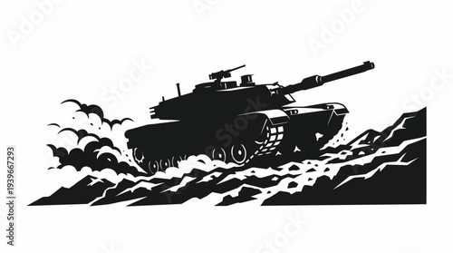 Military tank in action on rugged terrain with smoke and debris