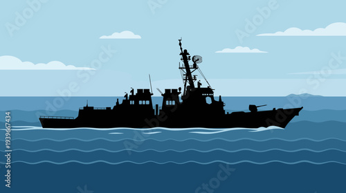 Silhouette of a warship sailing through calm ocean waters under a clear blue sky