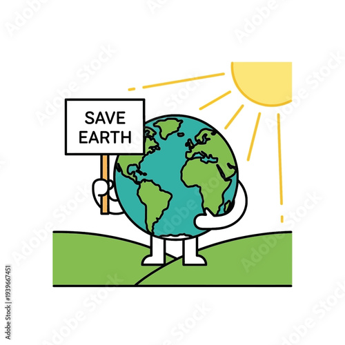 Planet Earth character holding 'SAVE EARTH' sign on green landscape with sun, advocating for environmental protection.