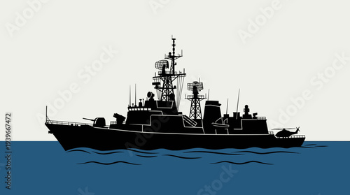 Silhouette of a modern warship with helicopter on deck sailing through ocean waters
